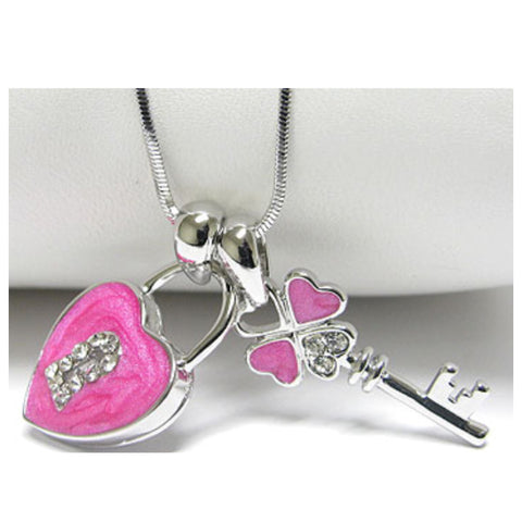 Stunning Crystal Accent Vibrant Pink Heart and Key Whitegold Necklace