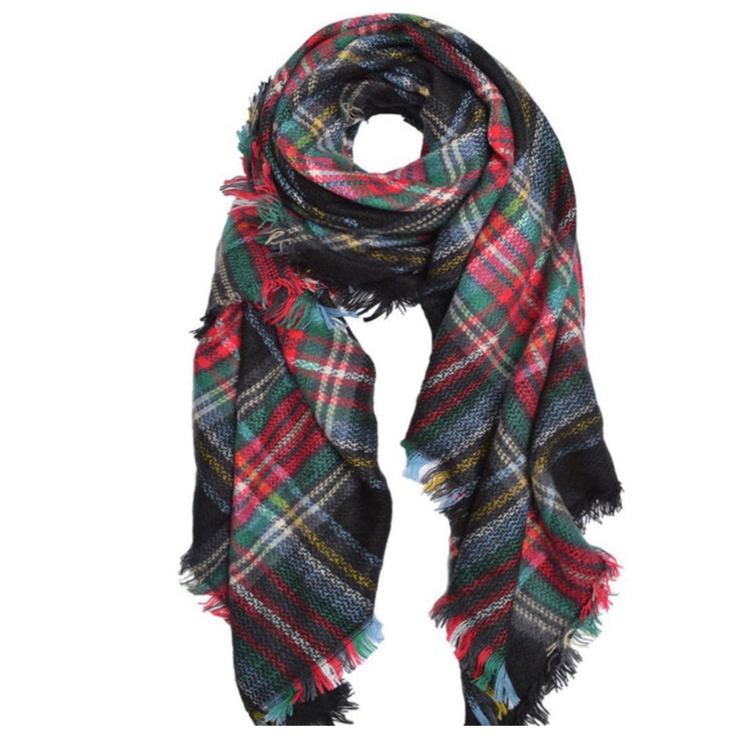 Always in Style Red Green Multi Tone Plaid Blanket Scarf-Shawl-Wrap