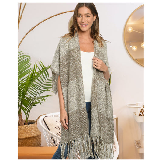 Classy Pepper Knit 2-Tone Taupe Fringe Trim Poncho-Shawl-Kimono-Womens