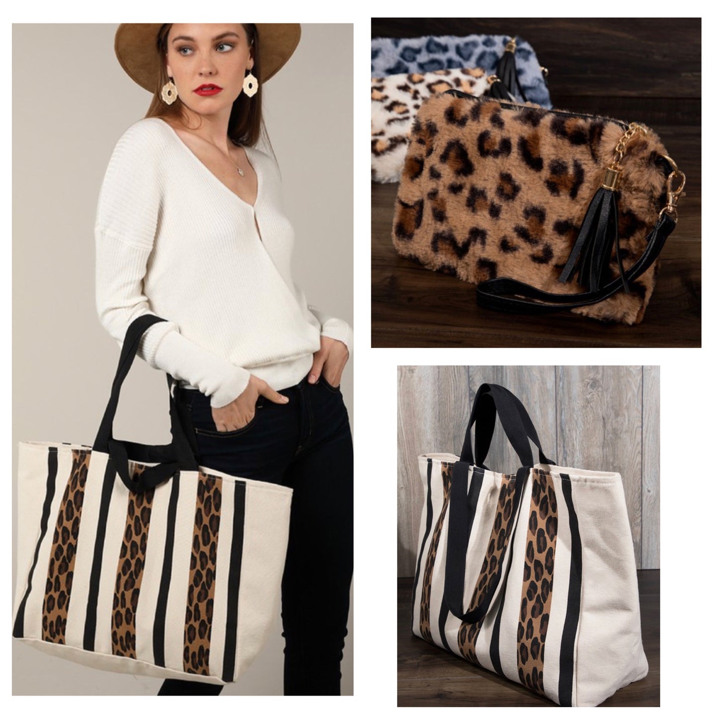 Special~Adorable Leopard Canvas Tote with Faux Fur Pouch Set