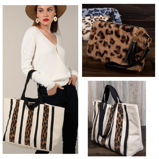Special~Adorable Leopard Canvas Tote with Faux Fur Pouch Set
