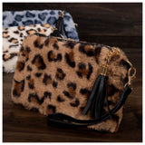 Faux Fur Leopard Pouch Bag with Leather Fringe Wristlet