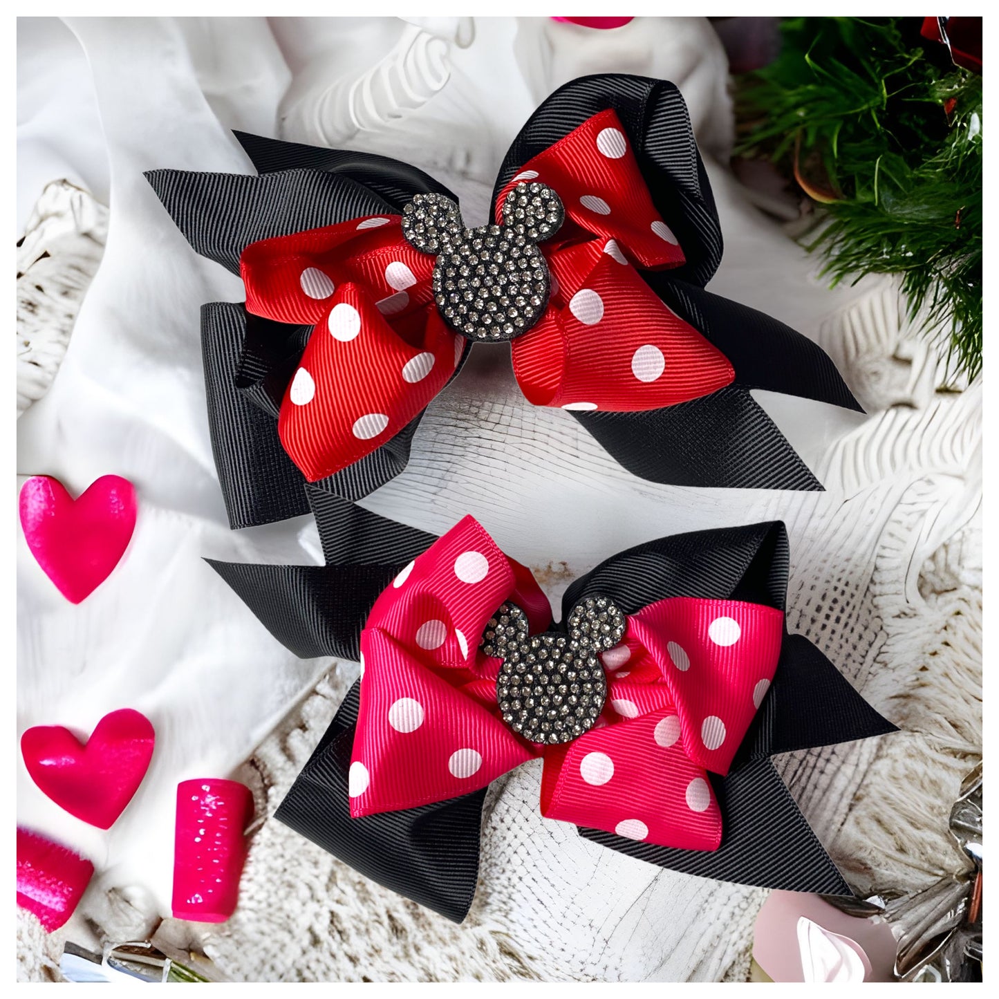 Adorable Polkadot Hair Bow with Bling Mouse Center