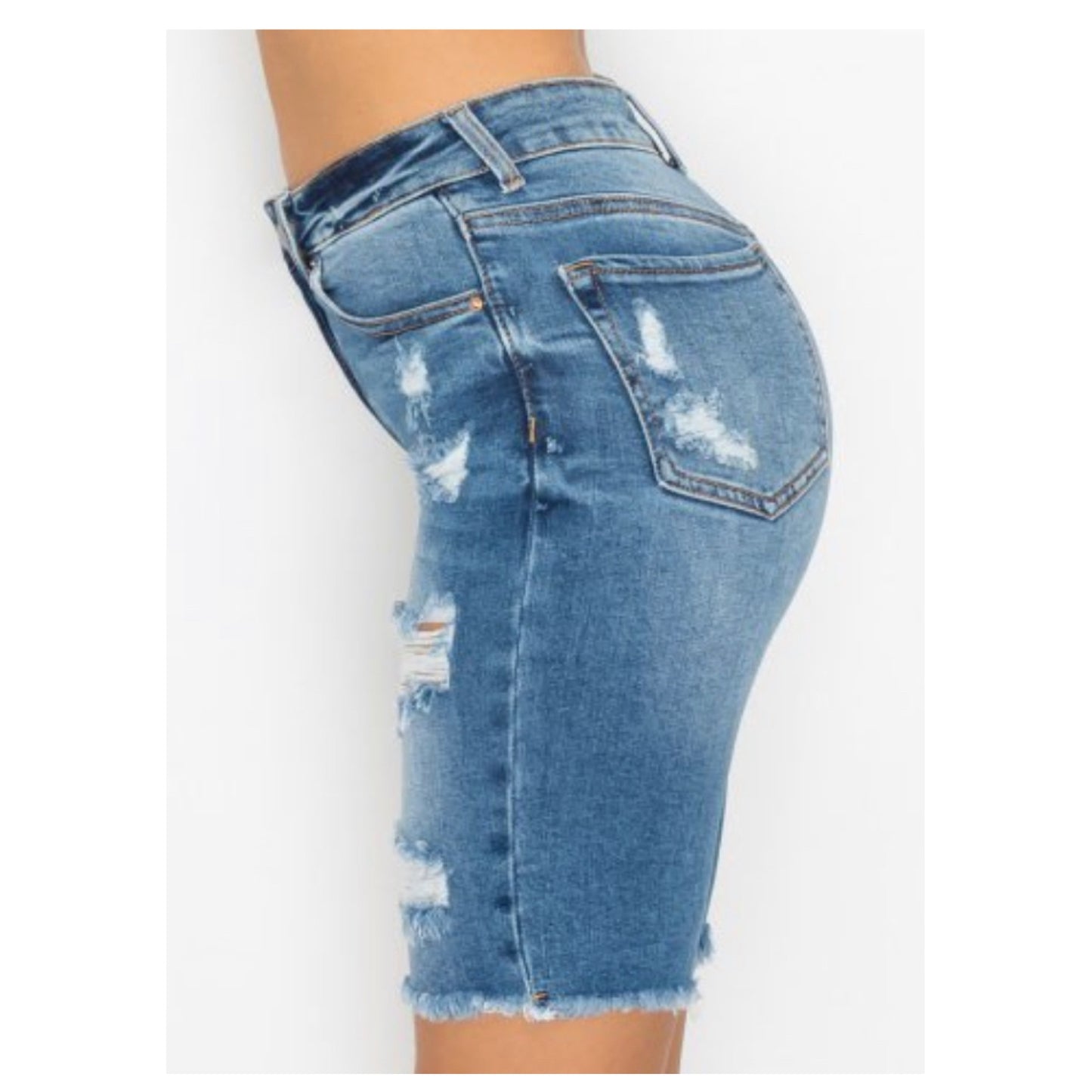 Crazy Cozy Medium Blue Denim Destroyed Bermuda Shorts