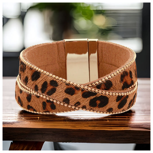 Double Layer Animal Print Magnetic Closure Leather Bracelet-Jewelry