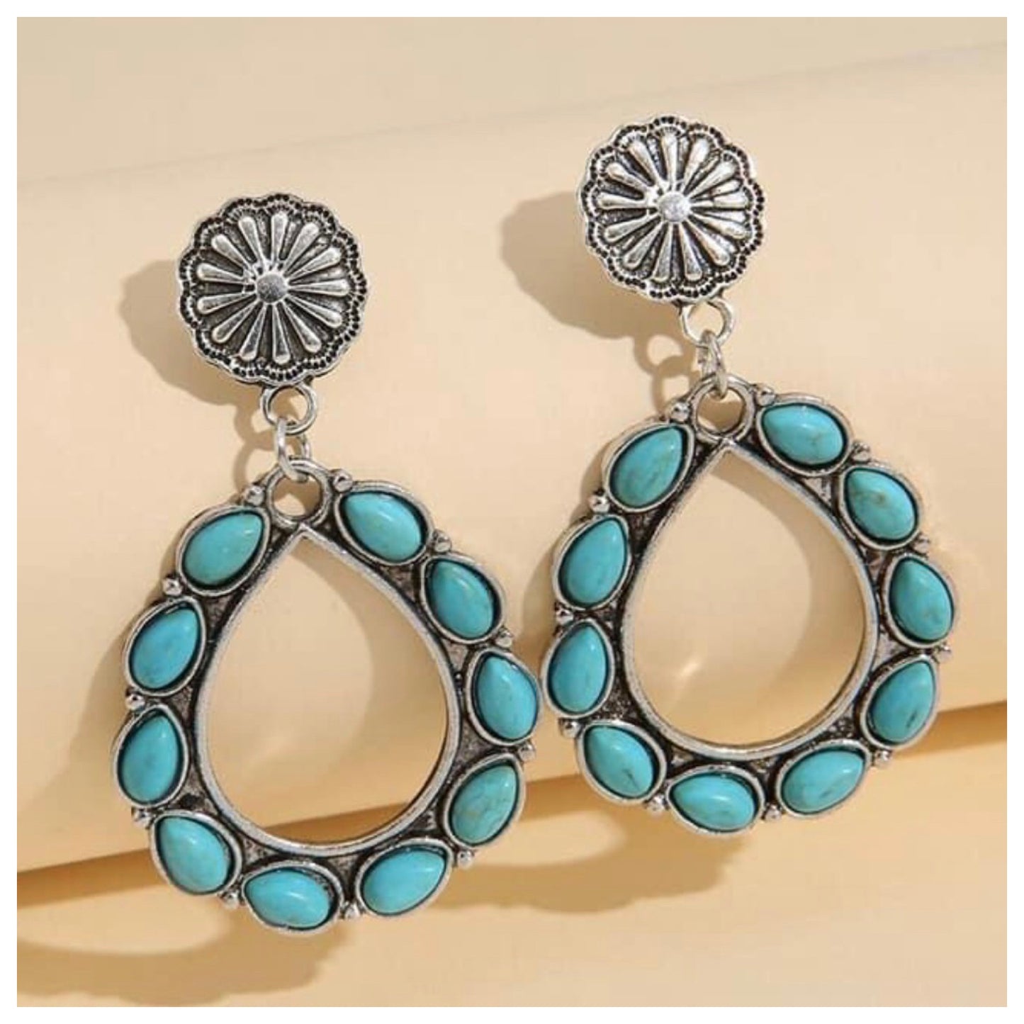 Western Silver & Turquoise Stone Open Disc Earrings