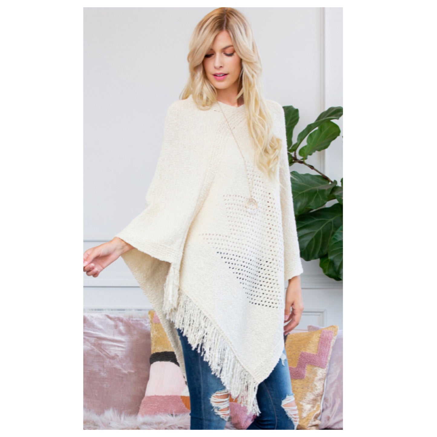 Classy and Sassy Fringe Trim Cream Knit Poncho-Shawl-Winter Outerwear