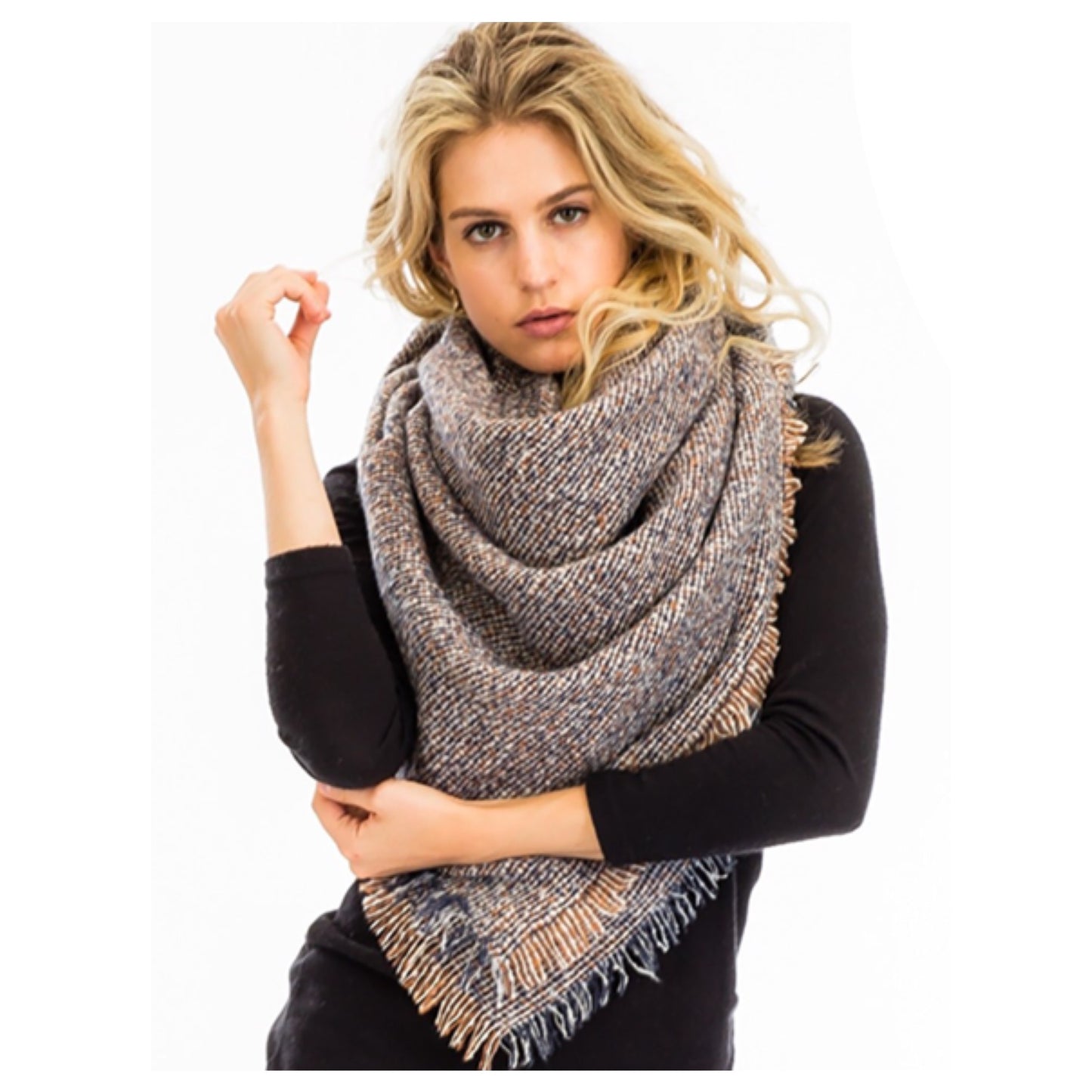 Always in Style Beige Pepper Knit Multi Tone Frayed Edge Blanket Scarf-Shawl-Wrap