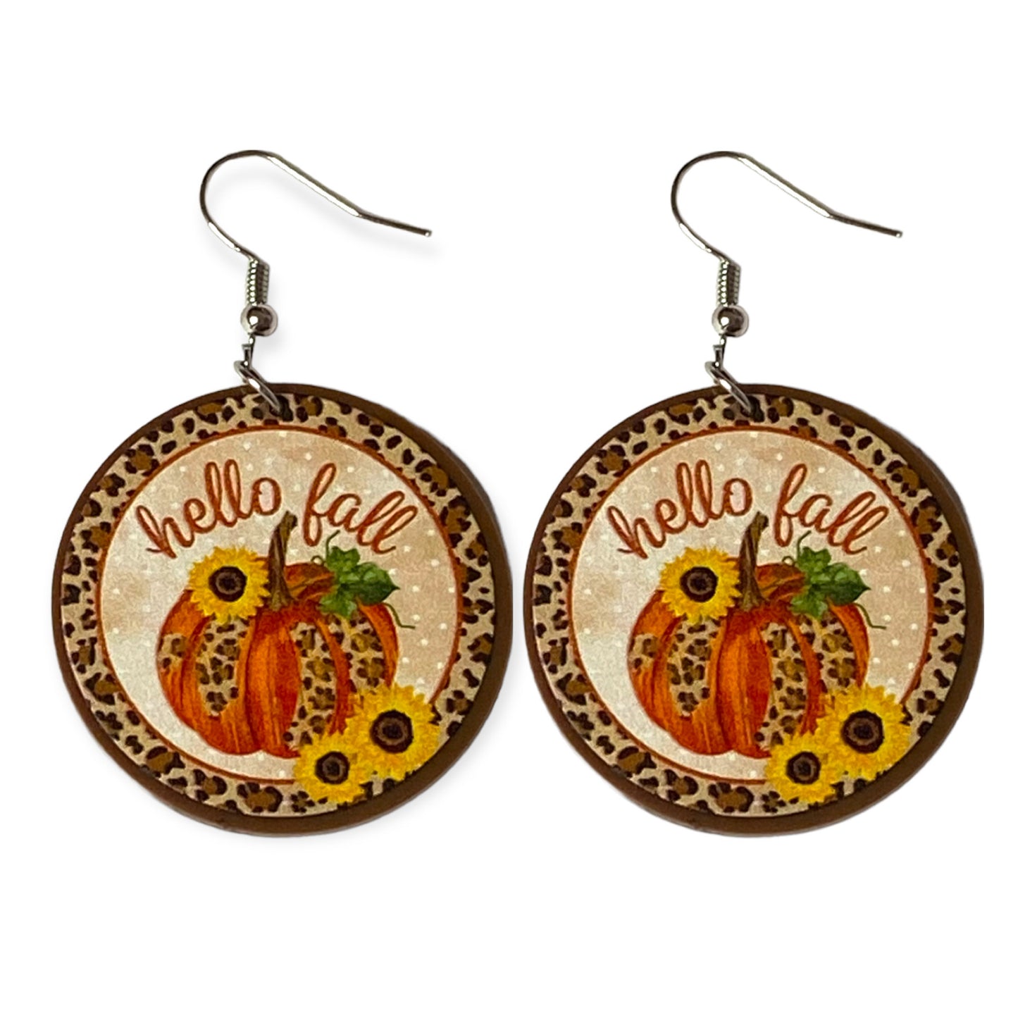 Hello Fall Disc Earrings with Leopard Trim-Pumpkin and Sunflowers