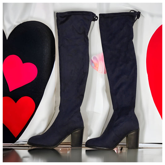 Special Sale! "Sassy Me" Above the Knee Suede Navy Heel Boots