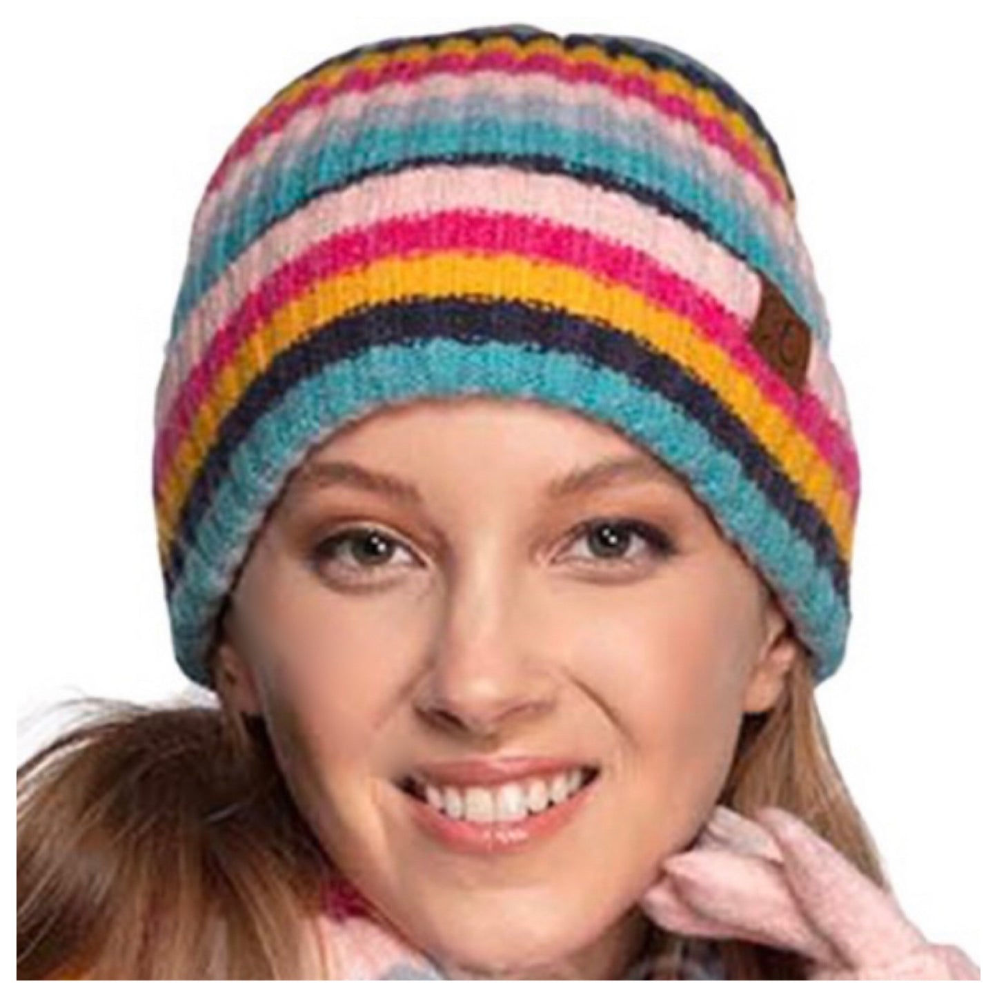 Cozy Multi Striped Ribbed Knit CC Beanie