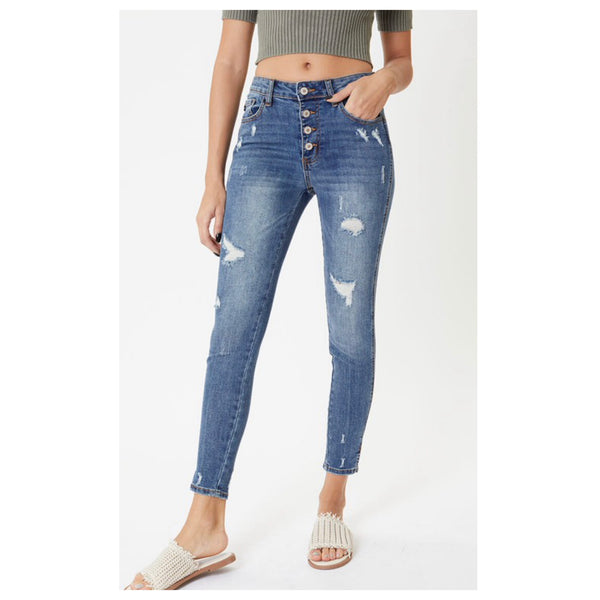 Cozy Cute Distressed Button Fly Blue Denim KANCAN Jeans