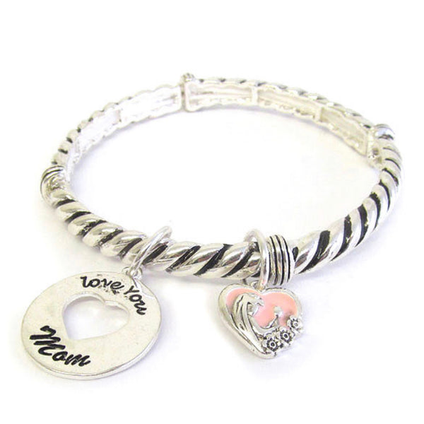 Inspirational Love You Mom Charm Silver Bracelet