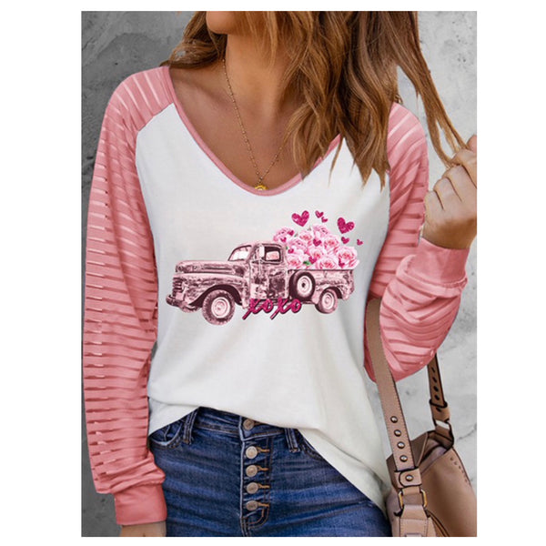 Darling V Neck Pink Sleeves with Pink Truck and Floating Hearts Graphic White Top