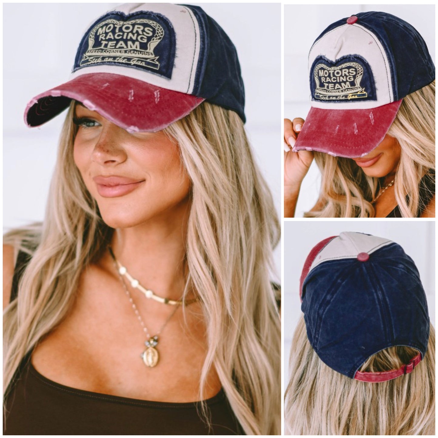 Ashlyn’s “Girl Get It” Motor Racing Red and Blue Distressed Denim Hat