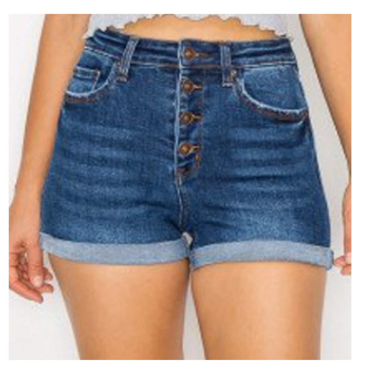Ashlyn’s Cozy High Rise Button-Fly Dark Blue Denim Shorts