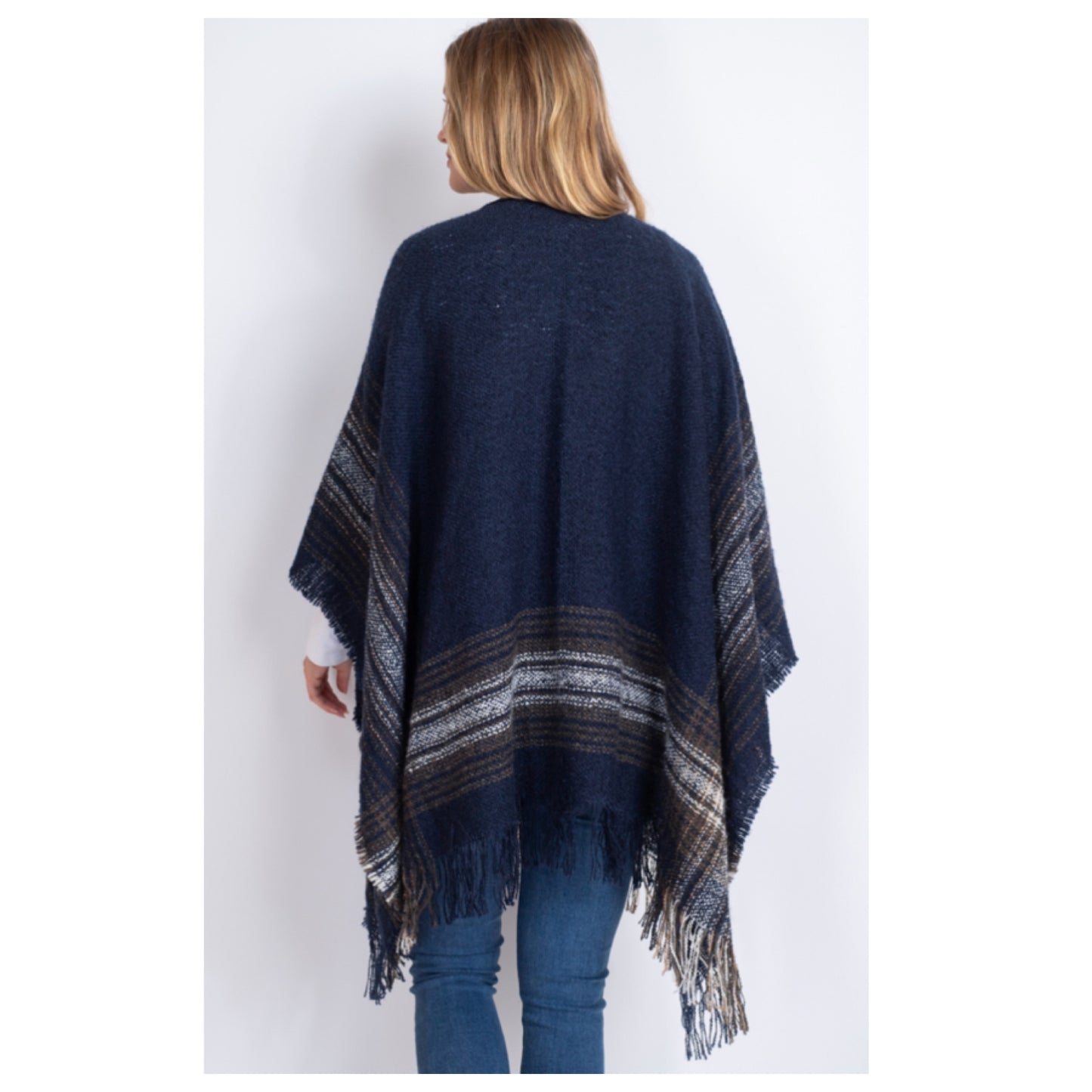 Crazy Cozy Multi Plaid Fringe Trim Navy Ruana Shawl
