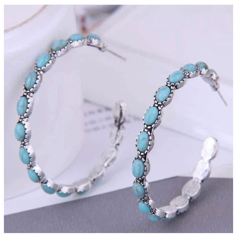 Western Style Turquoise Silver Hoop Earrings-Jewelry-Accessories