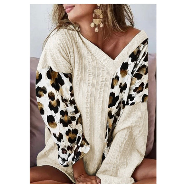 Cozy Chris Leopard and Cream Color Block V Neck Sweater Top