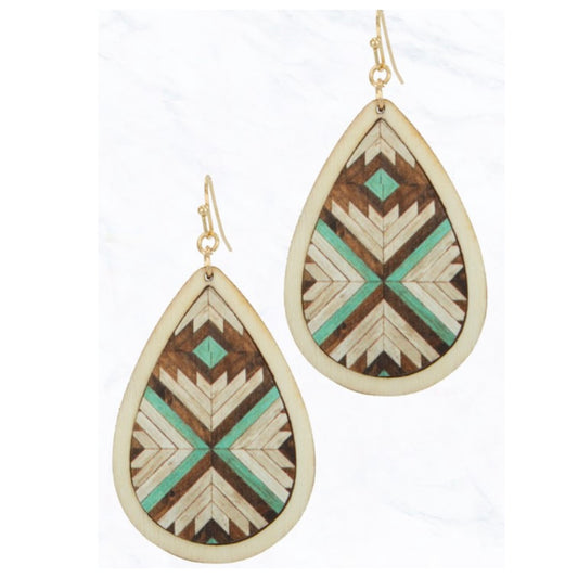 Geometric Aztec Painting Wood Tear Drop Shape Earrings
