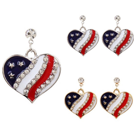Stunning Crystal Accent American Flag Silver or Gold Heart Earrings
