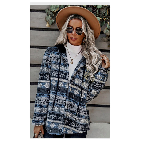 1 Left Closeout! Cuddly Soft Geo Aztec Print Navy Hooded Jacket