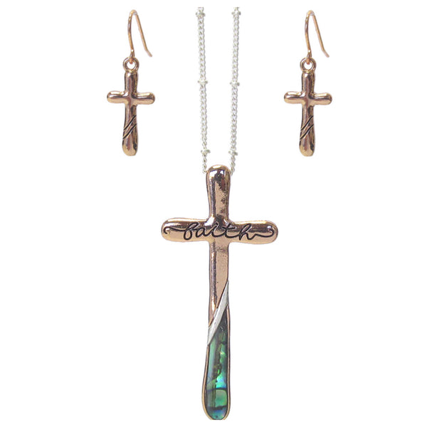 Inspirational FAITH Engraved Abalone Cross Necklace Set