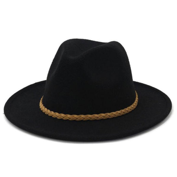 Stunning Wide Brim Black with Tan Belt Accent Fedora-Hat