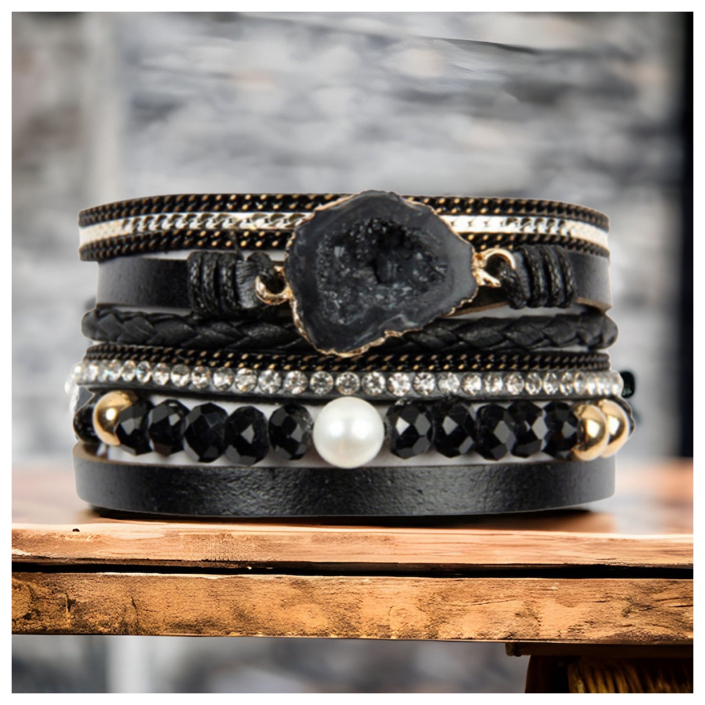 Stunning Multi Strand Black Leather Druzy Stone Bracelet