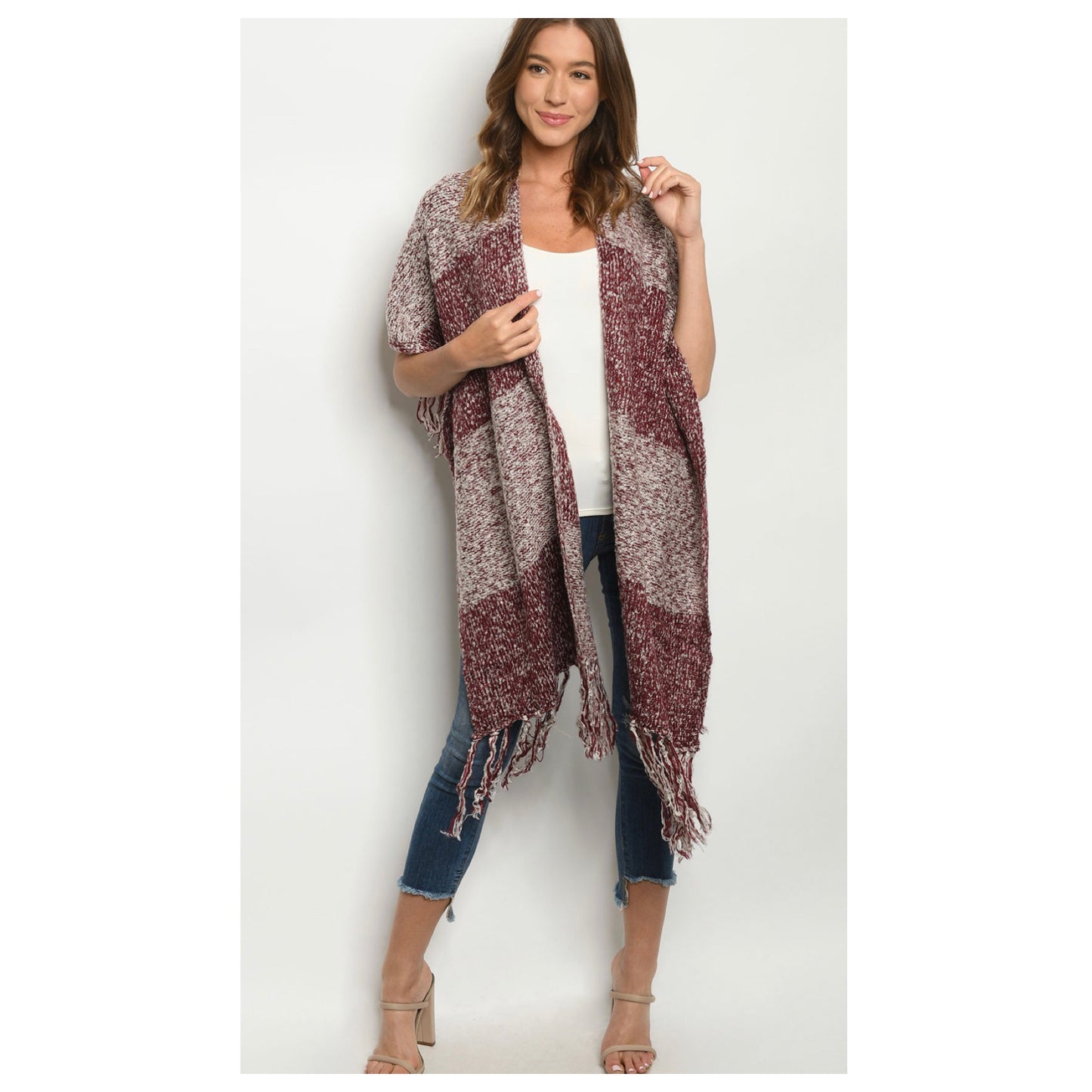 Classy Pepper Knit 2-Tone Burgundy Fringe Trim Poncho-Shawl-Kimono-Womens