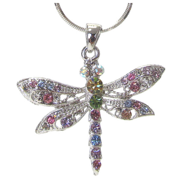 Adorable Pastel Crystal Dragonfly Whitegold Necklace