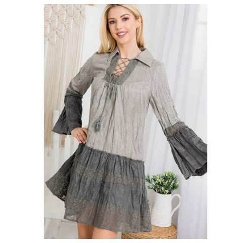 Call Me Unique! Tailored Collar Bell Sleeve Gray Dress