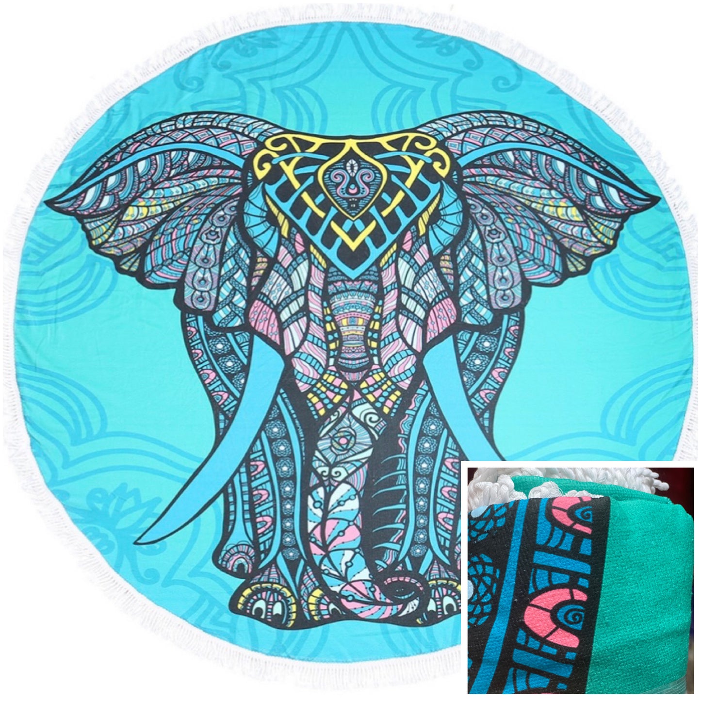 “Fun in the Sun" Fringe Trim Mandela Teal Elephant Round Beach Towel