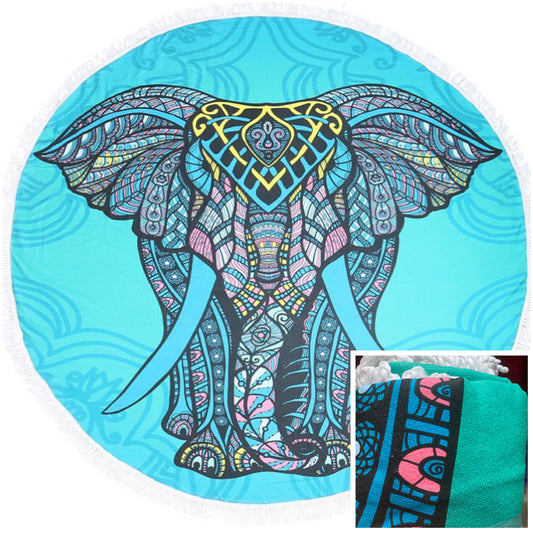 “Fun in the Sun" Fringe Trim Mandela Teal Elephant Round Beach Towel
