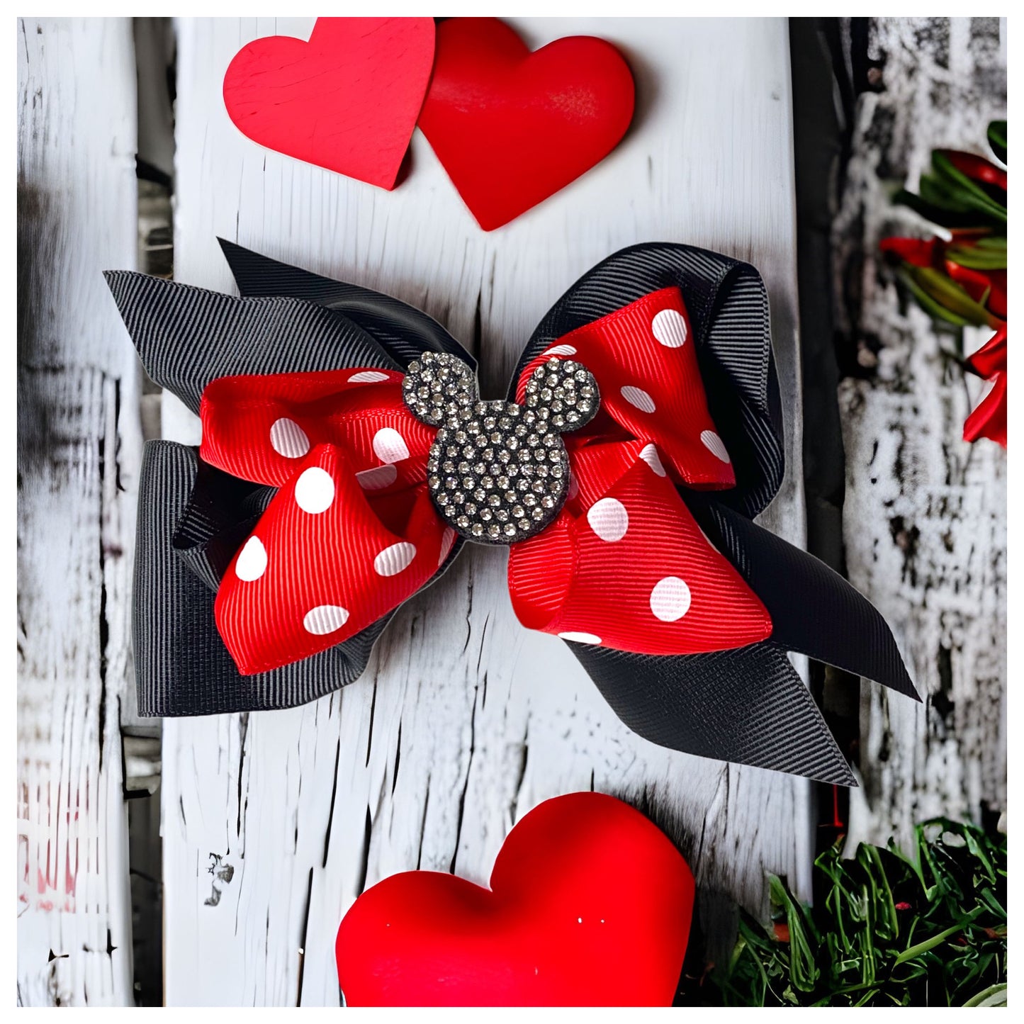 Adorable Polkadot Hair Bow with Bling Mouse Center