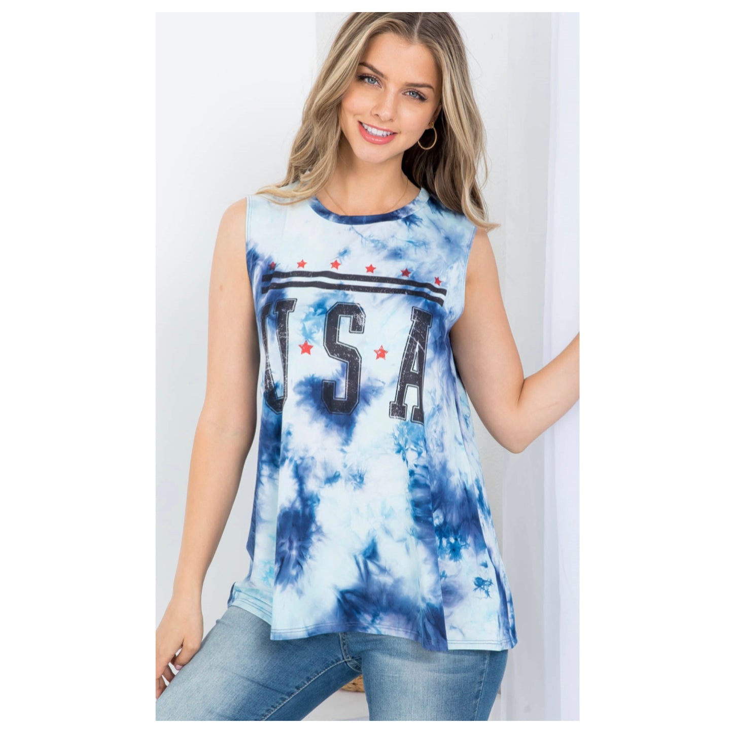 Closeout-Ashlyn’s Blue TieDye USA Star Graphic Print Sleeveless Top