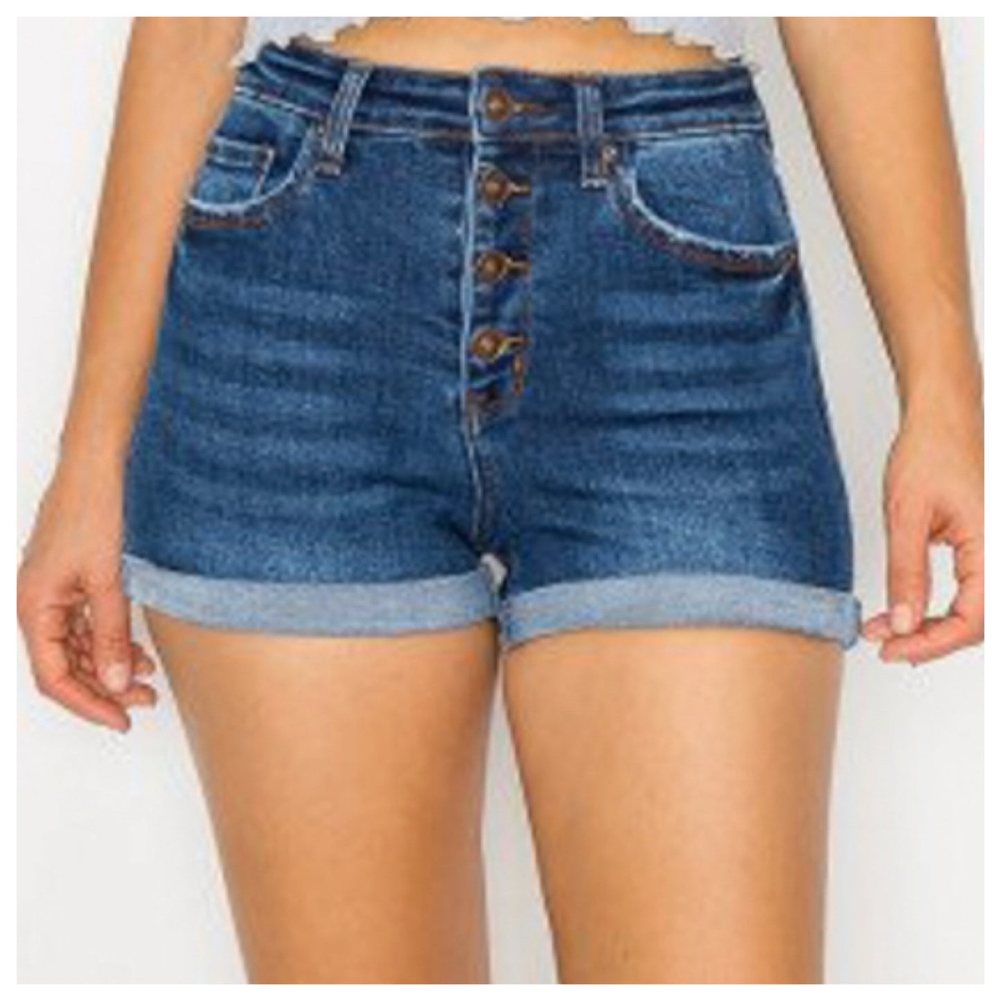 Ashlyn’s Cozy High Rise Button-Fly Dark Blue Denim Shorts