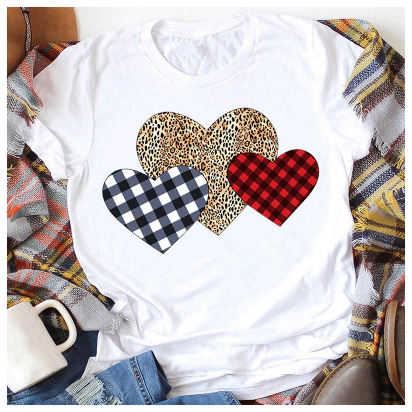 Be Mine~Triple Heart Leopard Buffalo Plaid Ivory Tee Top