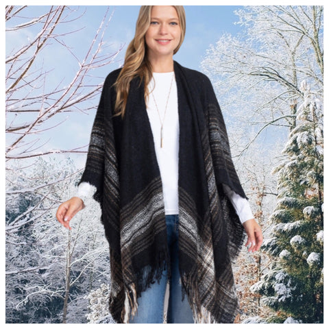 Crazy Cozy Multi Plaid Fringe Trim Black Ruana Shawl