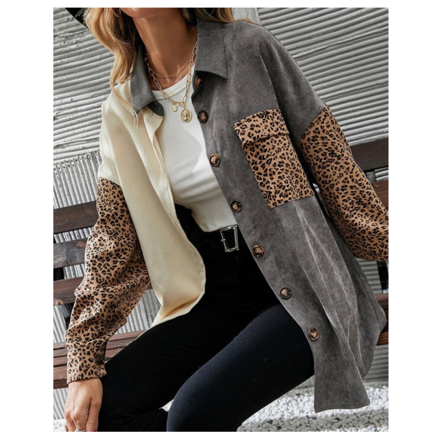 Ashlyn’s Gray and Leopard Color Block Silky Corduroy Shacket-Women’s Top-Jacket