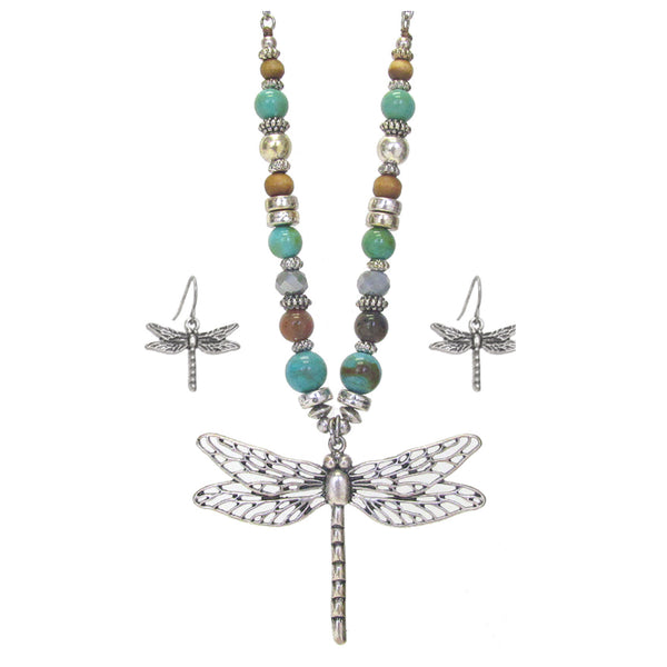 Silver Dragonfly Multi Color Necklace Set