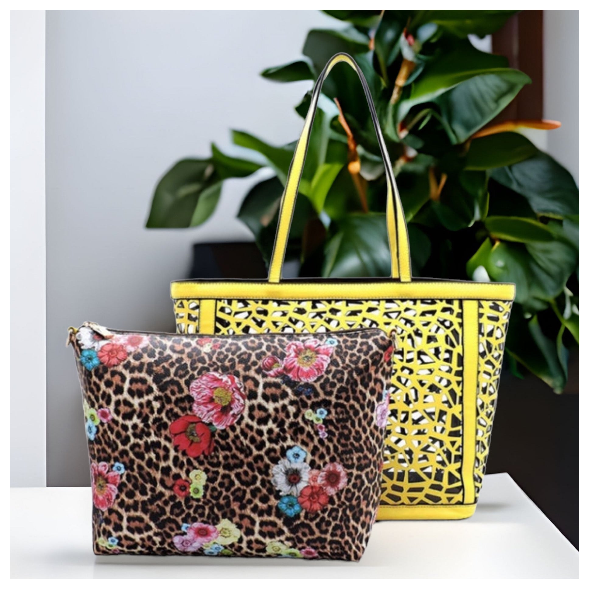 2 in 1: Laser Cut Out Yellow Faux Leather Shopper and
