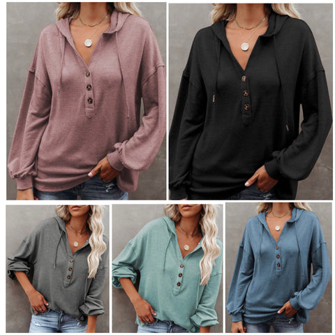 Crazy Cute Button Detail V Neck Women’s Hooded Henley-Top-Multiple Colors
