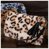Faux Fur Leopard Pouch Bag with Leather Fringe Wristlet