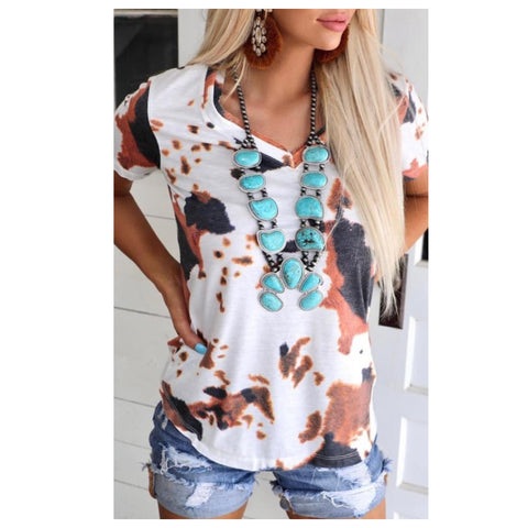 Ashlyn’s Country Girl Cow Print V Neck Top-Tee Shirt-Tunic