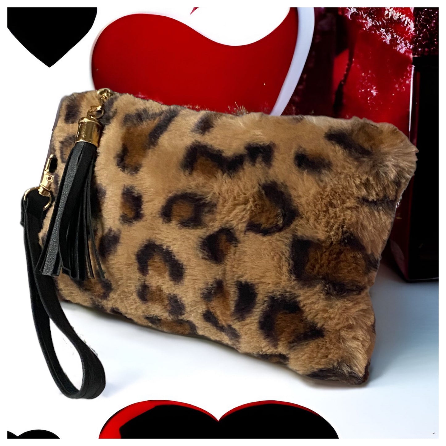 Faux Fur Leopard Pouch Bag with Leather Fringe Wristlet