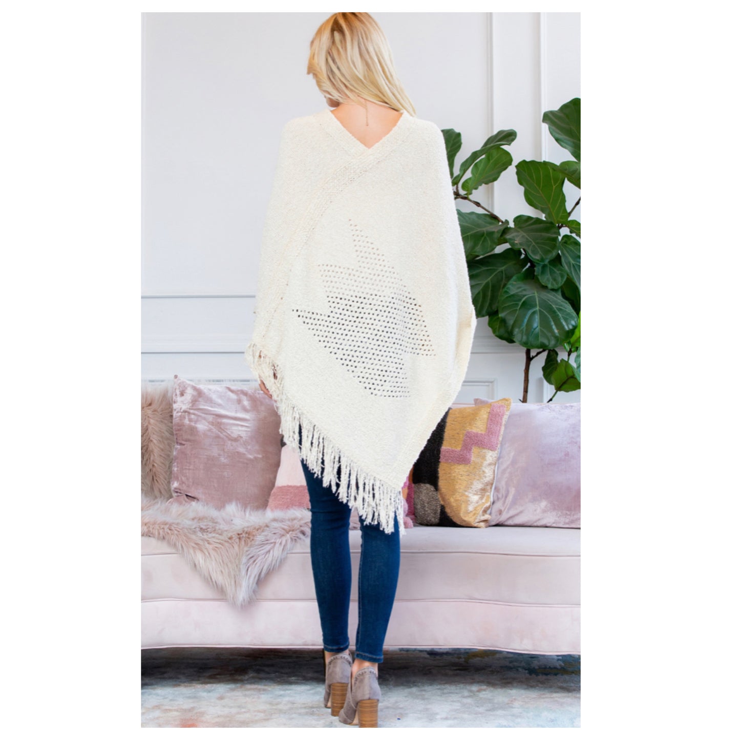 Classy and Sassy Fringe Trim Cream Knit Poncho-Shawl-Winter Outerwear