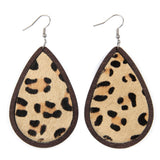 Leopard Leather and Wood Teardrop Earrings