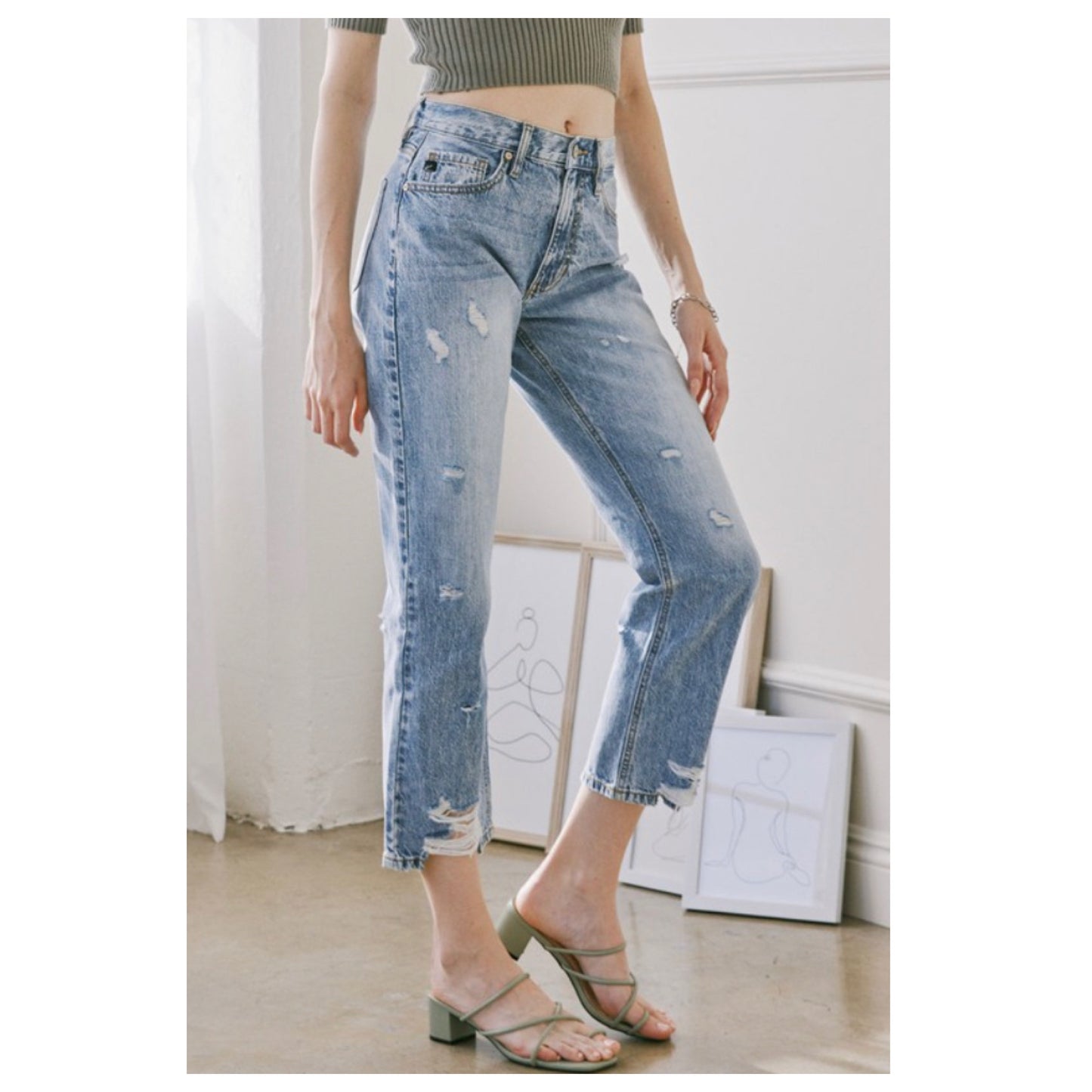 Classic High Rise Destroyed Medium Blue Denim KANCAN Capris