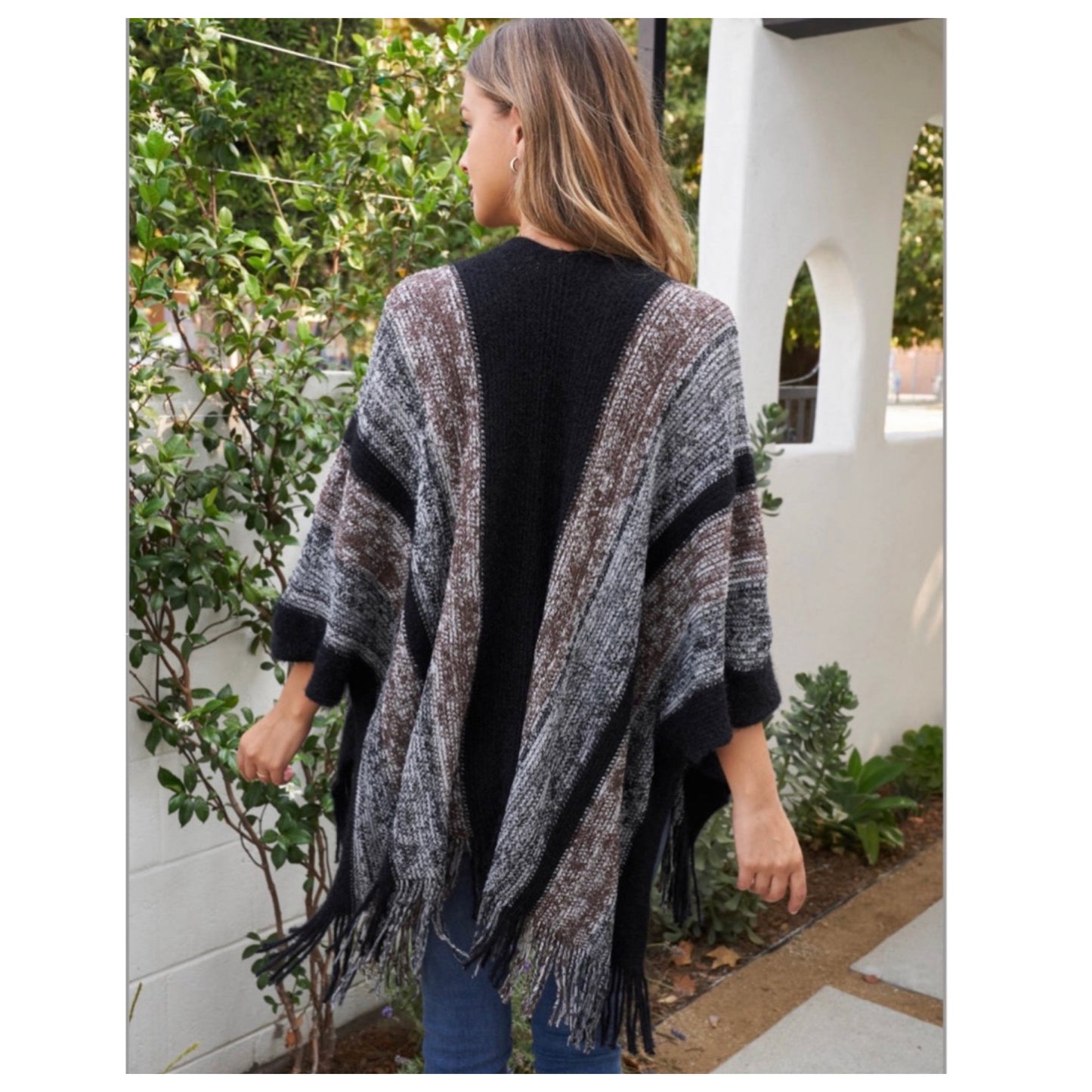 Darling Black Brown Gray Knit Fringe Trim Ruana-Women’s-Poncho-Shawl